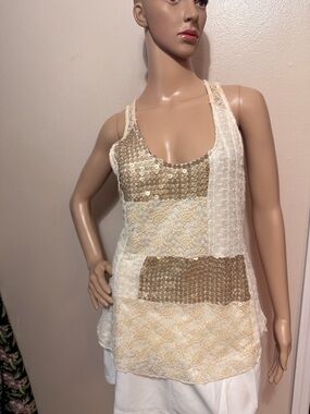 Antheopologie “Tiny” Embellished Ivory & Gold Sequin Women's Tank Top